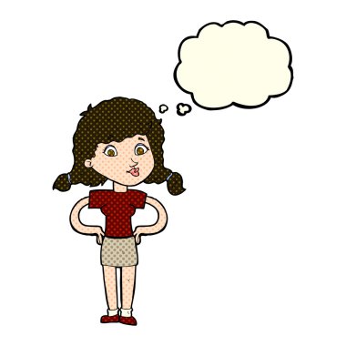 Düşünce baloncuklu kalçaları olan güzel bir kız.