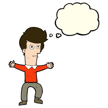 Düşünce baloncuğu olan ürkmüş bir adam.