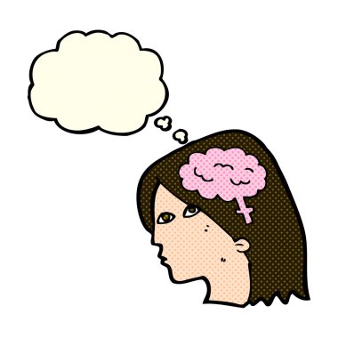 Düşünce baloncuklu beyin sembollü çizgi kadın kafası