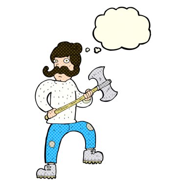 Düşünce balonlu baltalı çizgi film adamı.