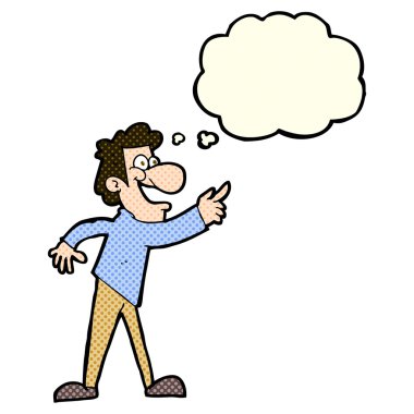 Çizgi film adamı düşünce balonuyla işaret edip gülüyor.