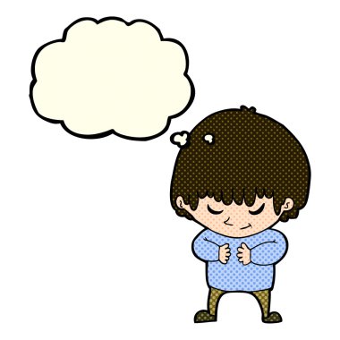 Düşünce baloncuğu olan utangaç çocuk.