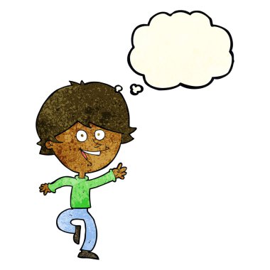 Düşünce baloncuğu olan mutlu bir çocuk.