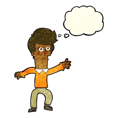 Düşünce baloncuğuyla el sallayan çizgi film adamı.