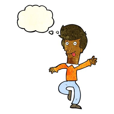 Düşünce baloncuğuyla dans eden çizgi film adamı.