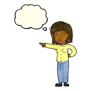 Çizgi film kadını düşünce balonunu işaret ediyor.