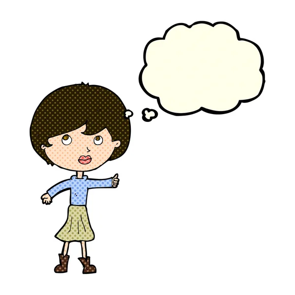 Γελοιογραφία γυναίκα ζητώντας ερώτηση με σκέψη φούσκα — Διανυσματικό Αρχείο