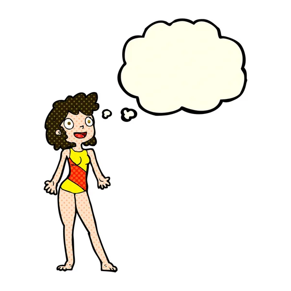 Mujer de dibujos animados en traje de baño con burbuja de pensamiento — Vector de stock
