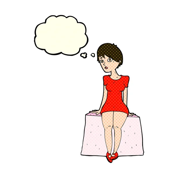 Cartoon neugierige Frau sitzt mit Gedankenblase — Stockvektor