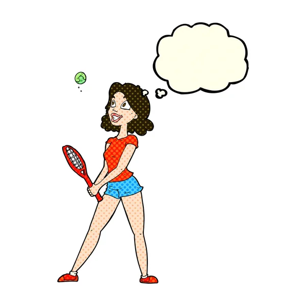 Cartoon woman playing tennis with thought bubble — Stock Vector