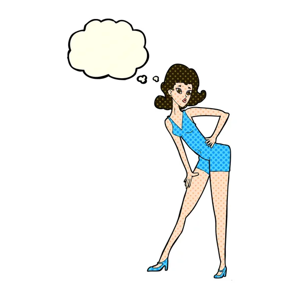 Modelo de dibujos animados mujer posando con burbuja de pensamiento — Vector de stock