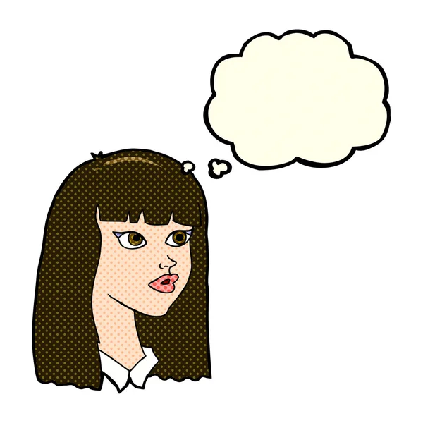 Cartoon mooi meisje met lang haar met gedachte zeepbel — Stockvector