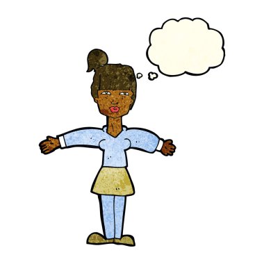 Çizgi filmdeki kadın düşünce balonuyla omuz silkiyor.