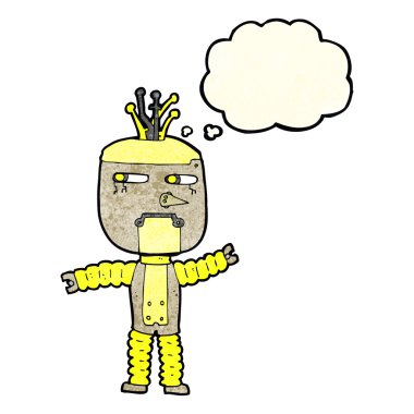 Düşünce baloncuğu sallayan robot.
