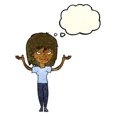 Çizgi filmdeki kadın düşünce balonuyla omuz silkiyor.