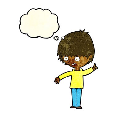 Düşünce baloncuğu sorusu olan çizgi film çocuğu.