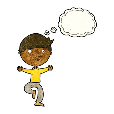 Düşünce baloncuğu olan heyecanlı bir adam.