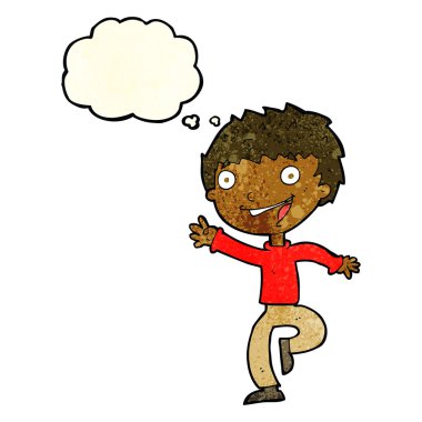 Düşünce baloncuğu olan heyecanlı çocuk.