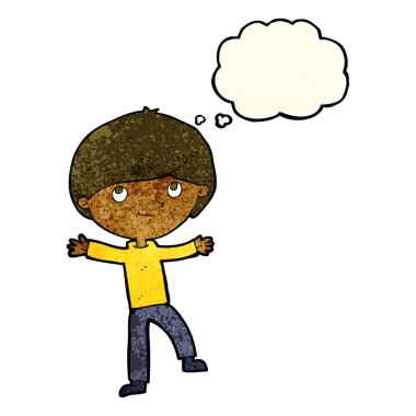 Düşünce baloncuğu olan heyecanlı çocuk.