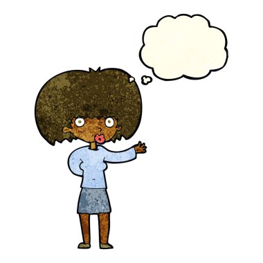 Düşünce baloncuğuyla hareket eden karikatür kadın.