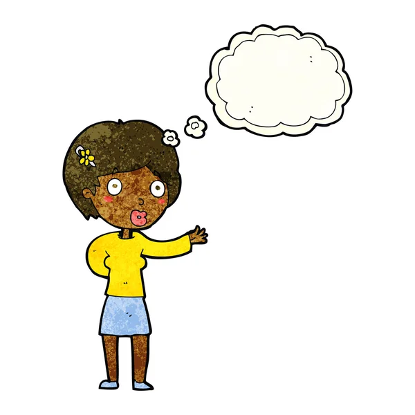 Cartoon wuivende vrouw met dacht dat bubble — Stockvector