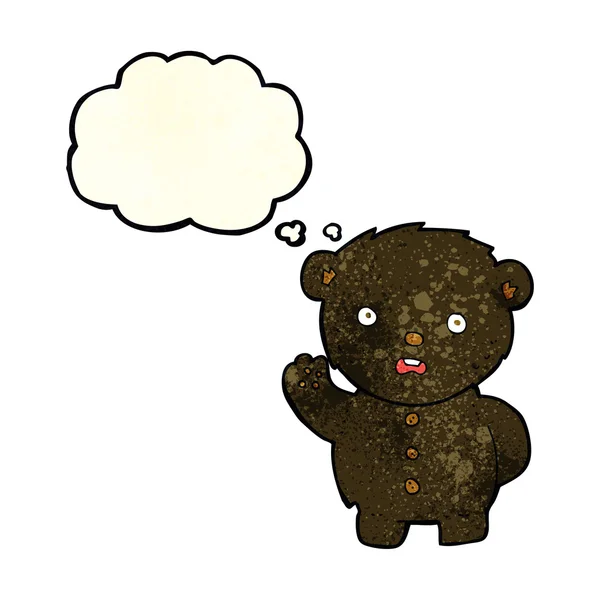 Cartone animato infelice orsacchiotto nero con bolla di pensiero — Vettoriale Stock