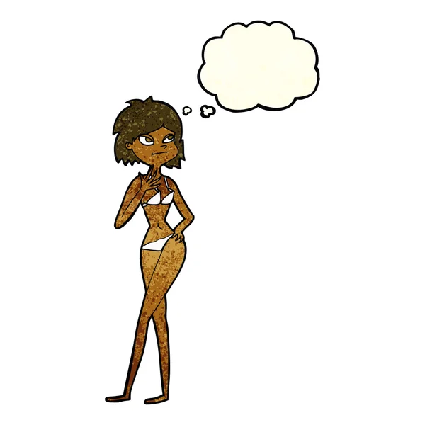 Mujer de dibujos animados en bikini con burbuja de pensamiento — Vector de stock