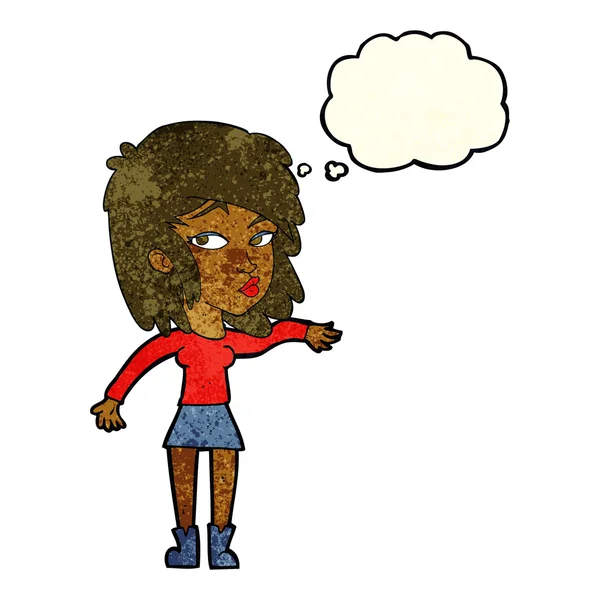 Mujer de dibujos animados jugando fresco con burbuja de pensamiento — Vector de stock