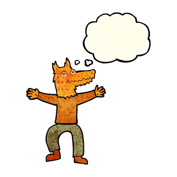 Cartoon fox homem com bolha de pensamento — Vetor de Stock