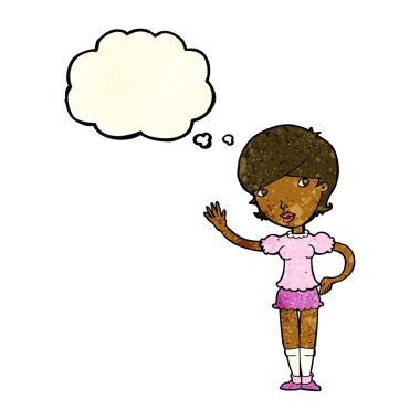 Çizgi film kızı düşünce balonuyla el sallıyor.