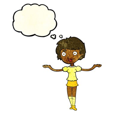 Düşünce baloncuğuyla kollarını açan çizgi film kadını.