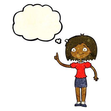 Düşünce baloncuğu olan çizgi film kadını.