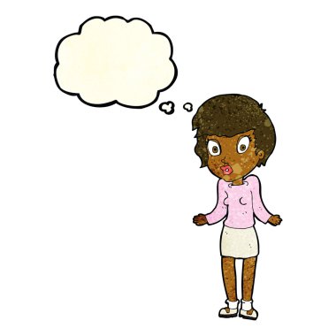 Çizgi filmdeki kadın düşünce balonuyla omuz silkiyor.