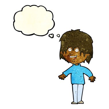 Düşünce baloncuğu olan heyecanlı bir adam.