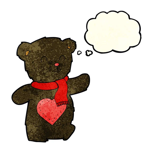 Dibujos animados oso de peluche blanco con corazón de amor con burbuja de pensamiento — Vector de stock