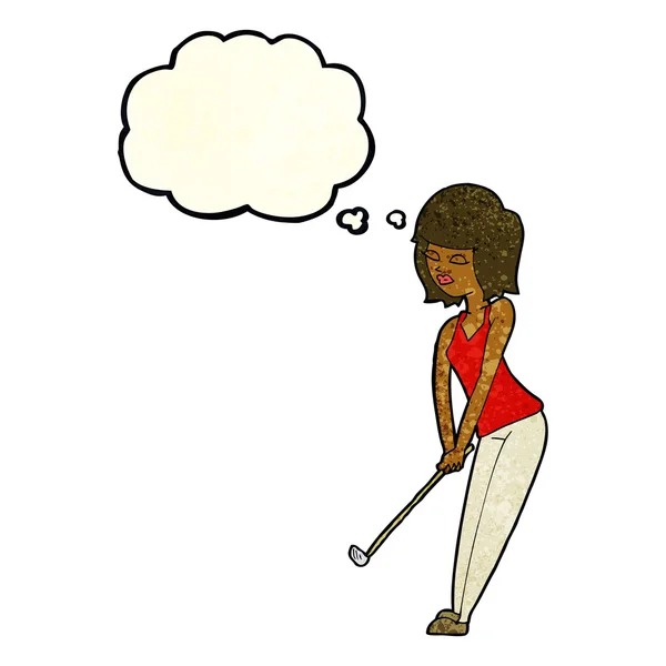 Kreslený žena hrát golf s myšlenkou bublina — Stockový vektor