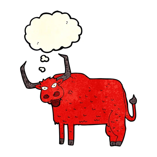 Karikatur haarige Kuh mit Gedankenblase — Stockvektor