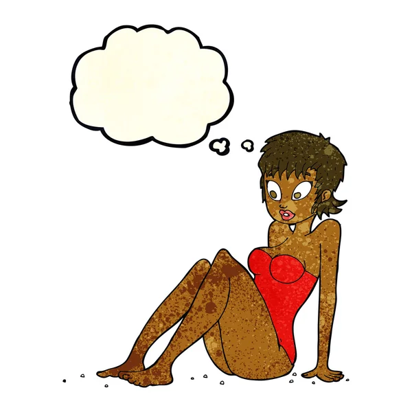 Cartoon-Frau im Badeanzug mit Gedankenblase — Stockvektor