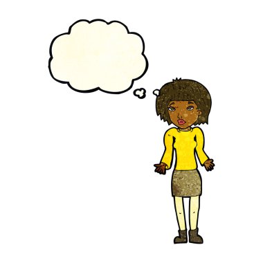 Çizgi filmdeki kadın düşünce balonuyla omuz silkiyor.