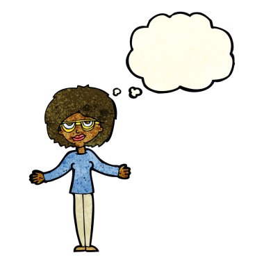 Düşünce baloncuklu gözlük takan çizgi film kadını.