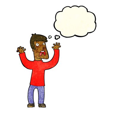 Düşünce baloncuğu olan korkmuş bir adam.