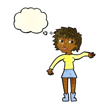 Çizgi film dostu kadın düşünce balonuyla el sallıyor.