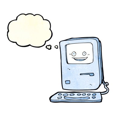 Düşünce baloncuklu eski bilgisayar