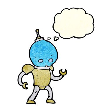 Düşünce baloncuklu uzaylı robot.