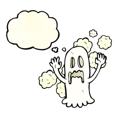 Düşünce baloncuklu hayaletli karikatür.