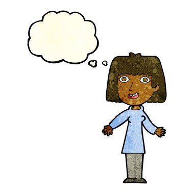 Düşünce baloncuğu olan mutlu çizgi film kadını