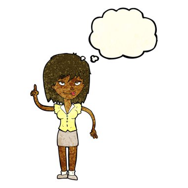 Düşünce baloncuğu olan çizgi film kadını.