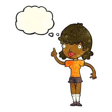 Düşünce baloncuğu olan çizgi film kadını.