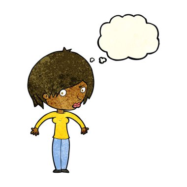 Çizgi filmdeki kadın düşünce balonuyla omuz silkiyor.