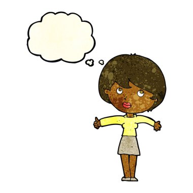 Çizgi filmdeki kadın düşünce baloncuğuyla başparmak işareti yapıyor.